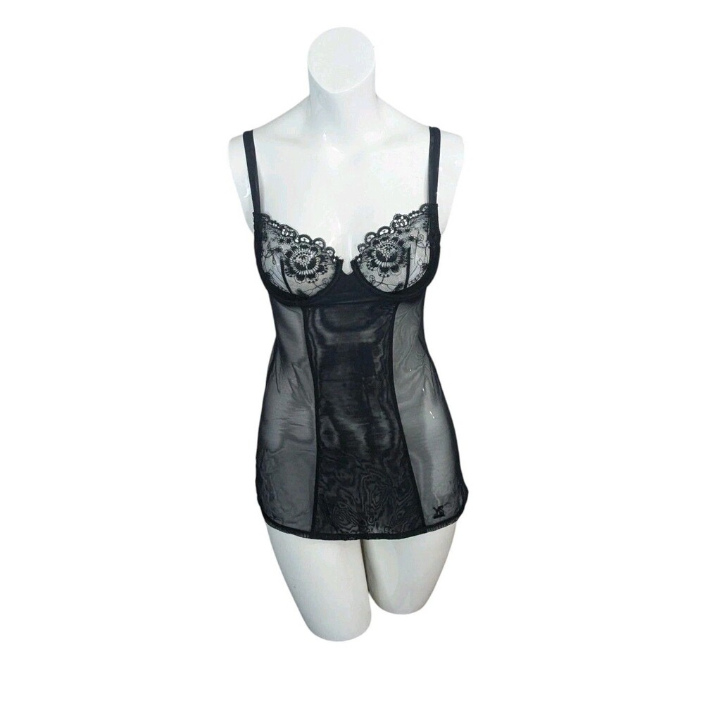 Victorias Secret Slip Dress Womens Black Fairycore Y2K Lace Mesh Chemise 34B